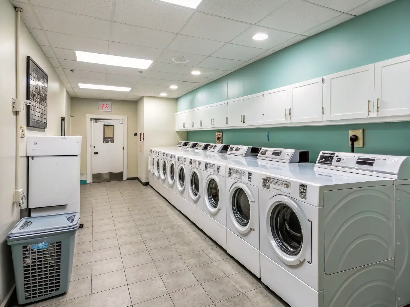 A modern and efficient laundry room in La Vielle Residence, equipped with washing machines and dryers, showcasing the convenience of on-site laundry facilities.
